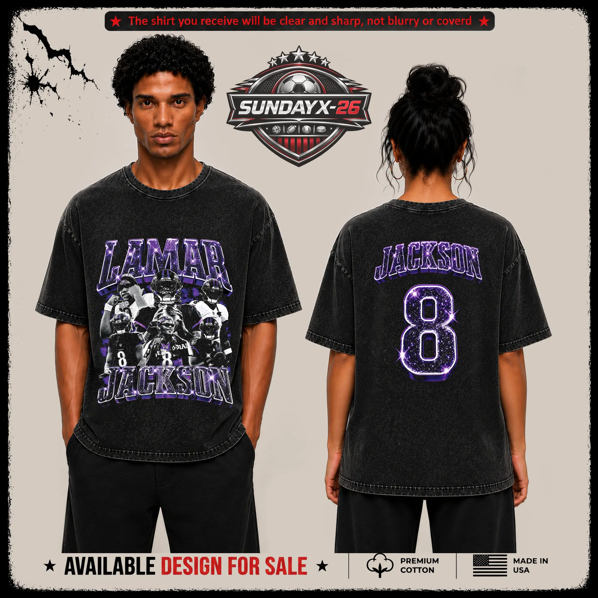[X-26] Lamar Jackson 8 Graphic Premium Acid Washed T-Shirt, Ravens Football Fans Fits High Quality 100% Cotton Shirt, Ravens Flock Outfit, Gift for Football Fans, Boyfriend