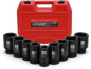1-Inch Drive Spindle Axle Nut Impact Socket Set, Deep, 1" to 2", 9 count Impact Large Socket Set, 6-Point, SAE, CR-MO