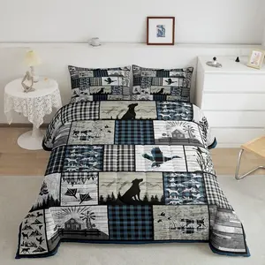 Dog Hunter Bedding Set Plaid Rustic Cabin Comforter Set Toddler Mallard Duck Comforter for Boys Girls Teens Geometric Checkered Duck Hunting Duvet Set