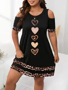 Plus Size Women's Leopard Heart Pattern Round Neck off Shoulder Short Sleeve Loose Dress, Casual Wear for Summer