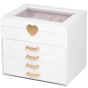 Kendal Jewelry Box Heart Shaped PU Leather with Glass Lid 5-Layer Organizer Brass Gold White Matte Metal Transparent Velvet Gift Window