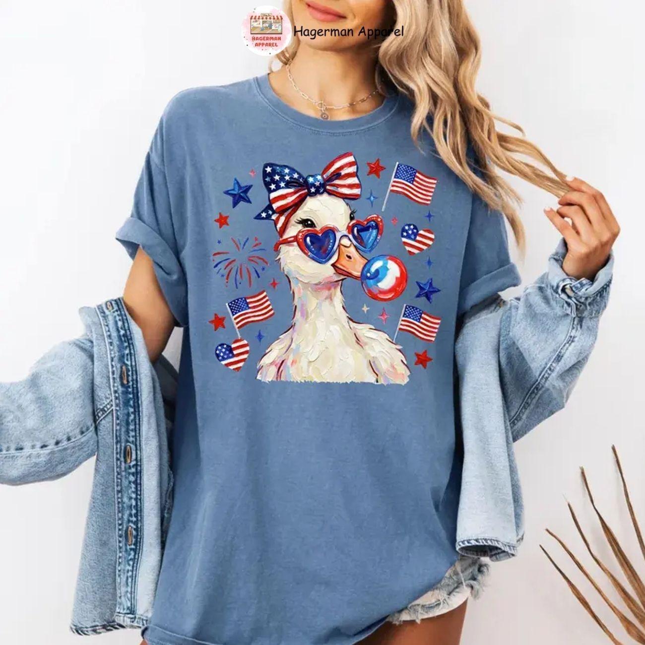 Comfort Colors Preppy Patriotic Goose T-Shirt, Coquette 4th of July Duck Shirt, Patriotic Graphic Tee, Soft Cotton.