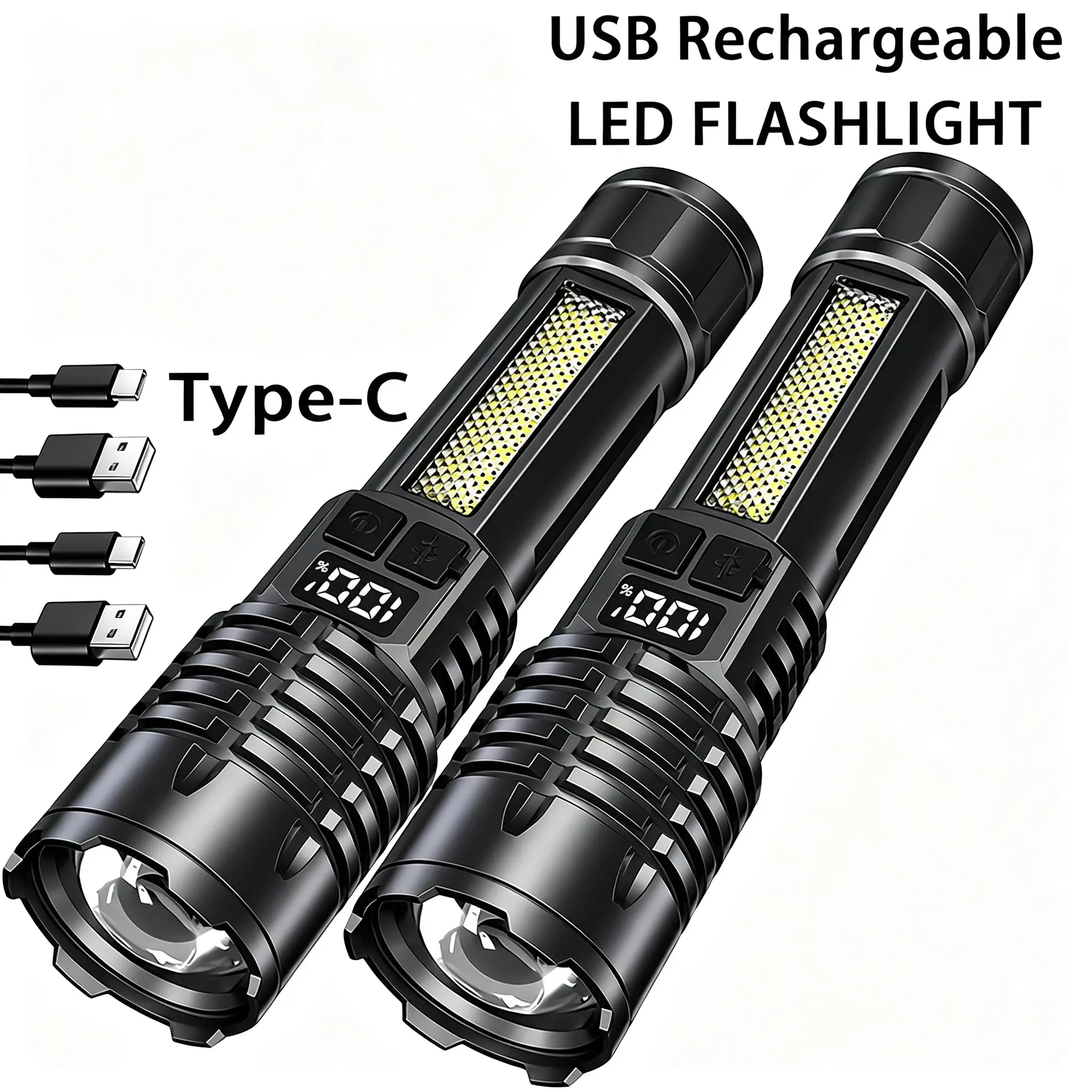 2-Piece High-Brightness Rechargeable LED Flashlights Set - 5 Smart Modes, COB Light, Tactical Accessories, Adjustable Zoom Battery Powered Torches, Handheld Digital Display, 2000mAh ABS Body, Tough Lightweight Camping Home Improvement Gear