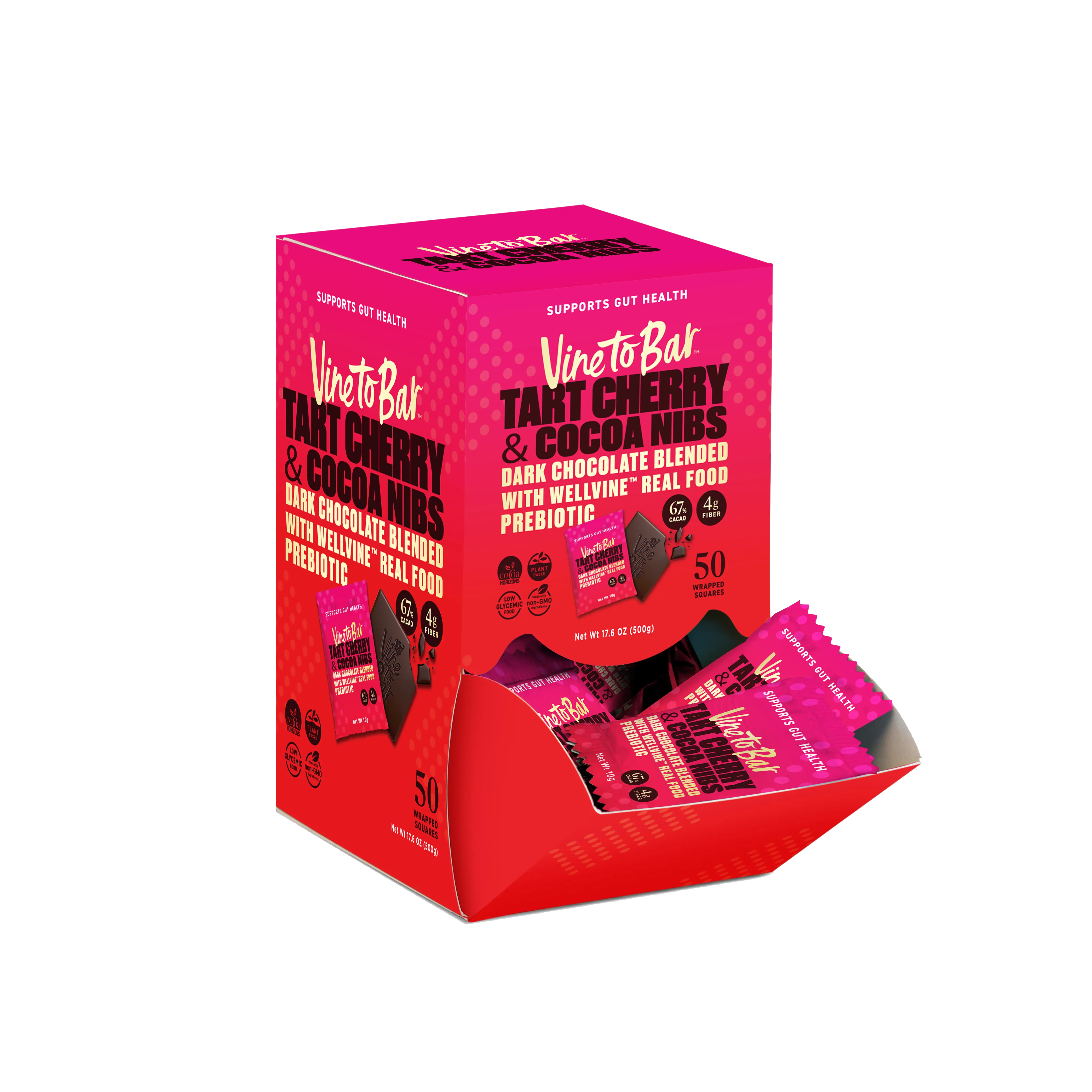 Tart Cherry and Cocoa Nibs Dark Chocolate Squares - 50-Ct Display Box