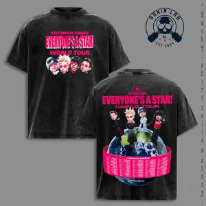 5 Seconds of Summer Everyone’s A Star! World Tour Graphic T-Shirt, 5SOS Concert Tour Dates Tee, Double-Sided Vintage Washed Cotton Shirt, Pop Rock Band Fan Apparel, Oversized Streetwear Music Lover Top, Casual Short Sleeve Unisex Gift