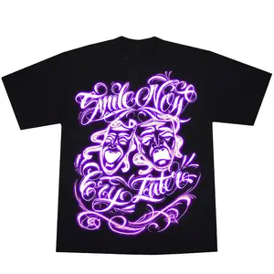 Light Purple Airbrushed Smile Now Cry Later Graphic, Men's Short Sleeve Sport T-Shirt, Chicano Streetwear Gangster Clothing