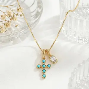 Boho Blue Turquoise Cross Necklace,  Double Pendant Necklaces Gold Plated Removable Religious Jewelry for Women Minimalist Layered Chain Versatile Accessories Perfect Gift for Women