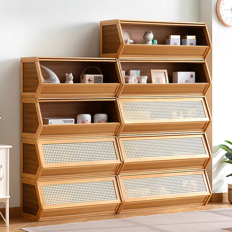 1pc Bamboo Free-Standing Organizer with Reversible Doors And Stackable Design - Multi-Purpose Bamboo/Bamboo Shelf Unit Suitable for Living Room, Kitchen, Bedroom, Study - Assembly, Space-Saving Furniture