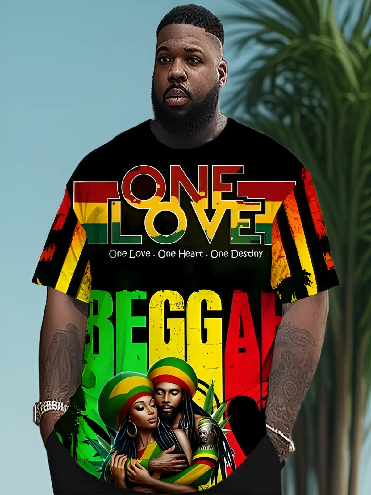 Men's Plus-Size Vintage Reggae T-Shirt, Full-Body ONE LOVE REGGAE Print Retro Short Sleeve Shirt with Iconic Jamaican Music Design, Round Neck Casual Top, Suitable for Concerts Festivals & Casual Attire, PLUS SIZE