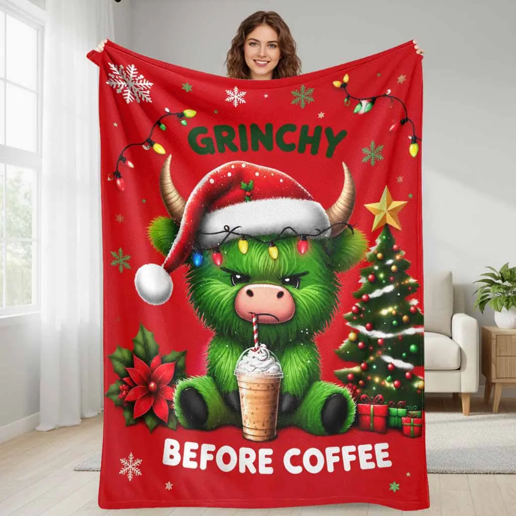 Funny Green Highland Cow Flannel Blanket Grinchy Coffee Theme Holiday Print Ultra Soft Cozy Lightweight Warmth Breathable Fabric Perfect For Winter Living Room Bedroom Bed Sofa Couch Throw Gift Decoration Holiday Party Gathering Housewarming Present