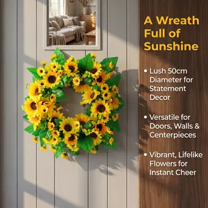 20 Inch Sunflower Wreath, Artificial Summer Floral Wreath with Green Leaves, Farmhouse Style for Front Door, Porch, Outdoor Indoor Home Decor, No Fade All Season Yellow Flower Wreath