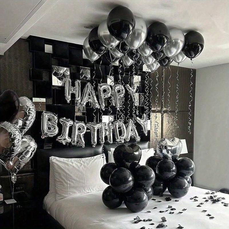 32pcs Balloon Set 16inch Silver Happy Letter & 18inch Black Silver Heart-Shaped Aluminum Foil Latex for Birthday Wedding Anniversary Party Decor