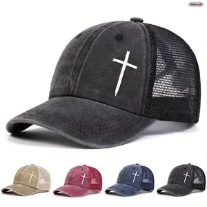 Unisex 5-Panel Embroidered Cross Print Streetwear Baseball Cap, Breathable Mesh Cooling Solar Protection Hat with Adjustable Size, Ideal for Travel, Hiking, Solar Protection Hats, Breathable Mesh Hats