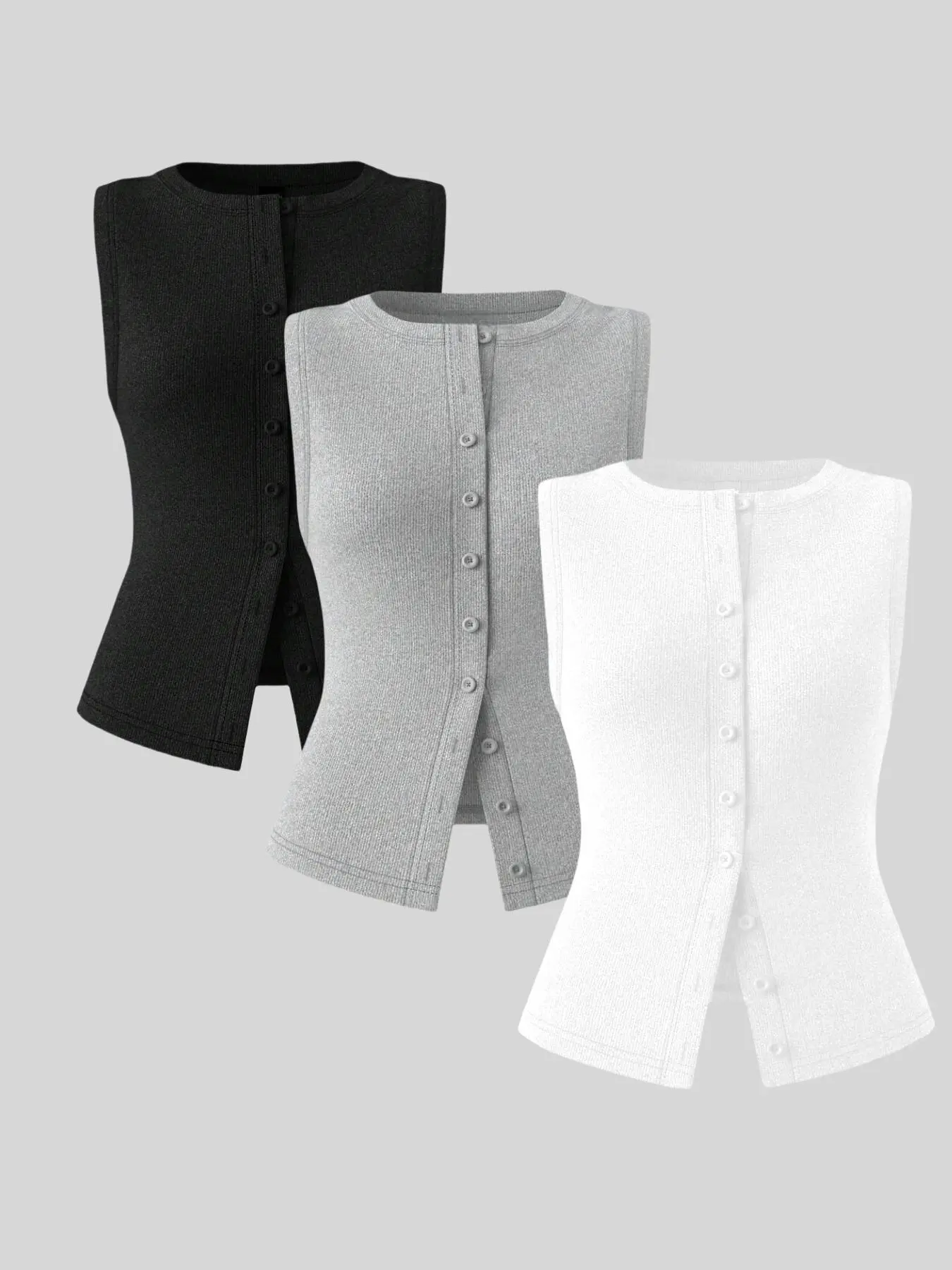 Women's Solid Button Front Knit Vest Blazers, Casual Fit Basic Sleeveless Open Front Outerwear for Spring & Fall, Ladies Clothes for Daily Wear, Suits, Tops