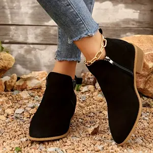 Women'S 2025 New Winter Chunky Platform Ankle Boots with Pointed Toe & Low Block Heel - Slip-Resistant Rubber Sole, Zipper Closure, All-Season Round-to-Pointed Toe Design, Soft Fabric Lining - Casual to Semi-Formal Brown Booties for Casual Attire &