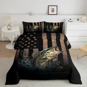 American Flag Luxury Bedding Set,Fishing and Hunting Designer Comforter Set,Room Decor Pike Fish Comforter,Rustic Wooden Soft Duvet Set Bedspread