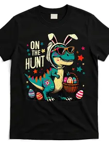 Dinosaur in Sunglasses "On The Hunt" Easter Shirt | Funny Dino Egg Hunt Graphic Tee for Kids & Adults, Cute Easter Holiday Gift, TikTok Viral Trend 2026