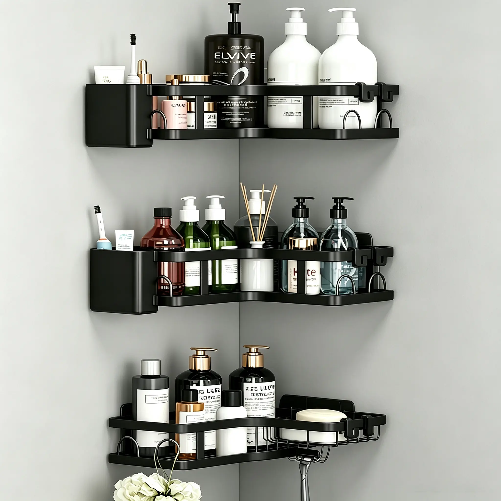 Black Stainless Steel Corner Shower Caddy Set, 5/6 PCS Bathroom Shelf Organizer, No Drill Wall Mount Storage Rack with Hooks & Toothbrush Holder