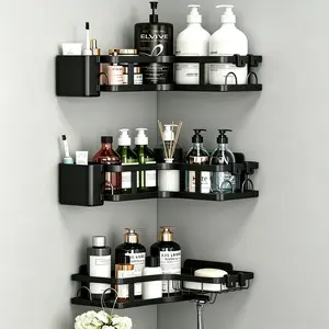 SummerVibes Black Stainless Steel Corner Shower Caddy Set, 5/6 PCS Bathroom Shelf Organizer, No Drill Wall Mount Storage Rack with Hooks & Toothbrush Holder