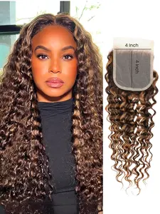 Honey Blonde Highlight Deep Wave Closure Only Human Hair 18 Inch, 100% Hand Tied 12A Brazilian Virgin 4x4 HD Transparent Lace Closure Pre Plucked P4/27 Ombre Brown Curly Lace Closure Sew In Remy