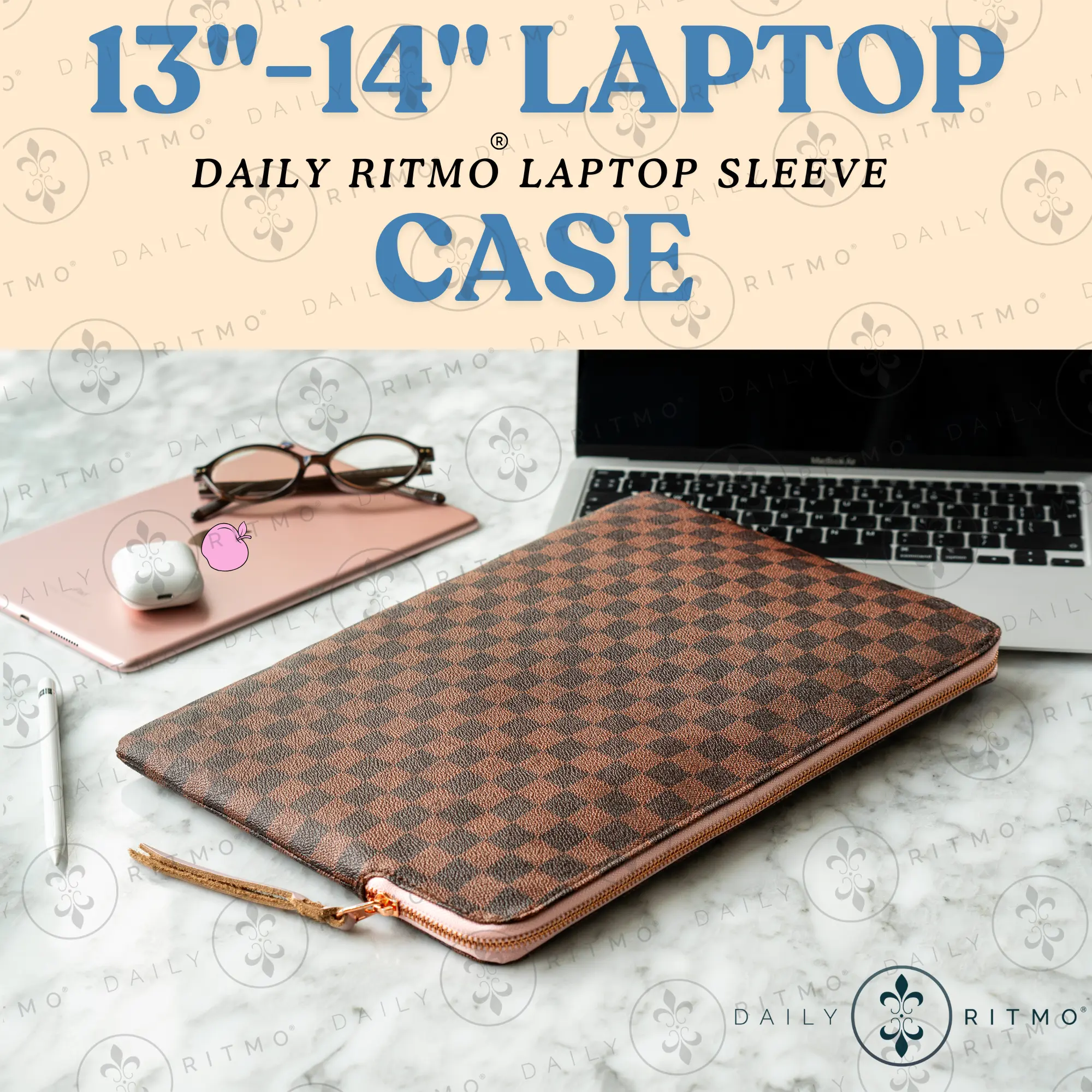 DAILY RITMO Laptop Case Sleeve for 13-14 Inch Laptops | Checkered Design Rose Gold Zipper Pink Inside
