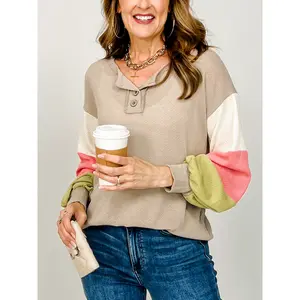 Long Sleeve Color Block Button Front Top