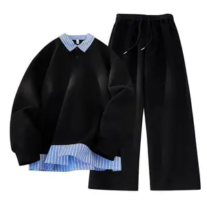 Men's shirt collar patch polo shirt set, autumn new style, fashion brand, sports and leisure, two-piece set