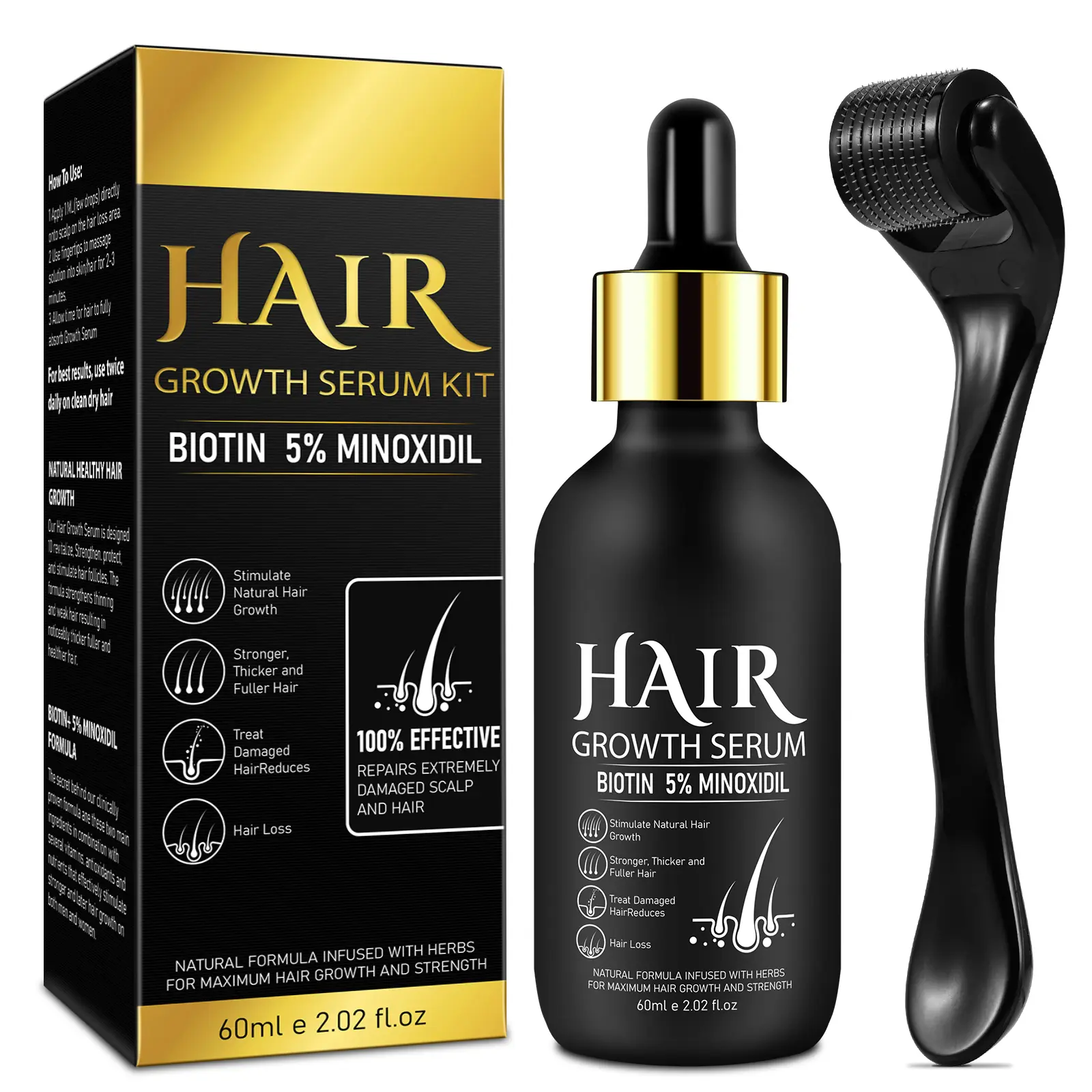 Hair Growth Serum Derma Roller Scalp Kit, Natural Serum With Biotin, Microneedle Beard Roller for Thicker Longer Fuller Hair and Beard - 2.02 Oz