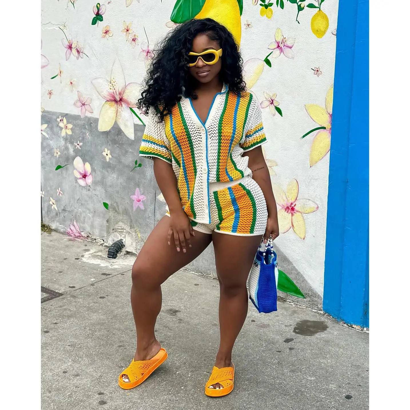 Women's Colorblock Button Front Top & Shorts Sweater Set, Casual Short Sleeve Top & Shorts, Summer Clothes Set for Beach Vacation, Striped Knit Sets, Casual Outfits Women, Casual Set