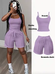 2pcs/Set Women's Summer Casual Basic Sports Style U-Neck Suspender Vest With Tooth Strips Decorative Sweatpants，Women's Solid Color Set, Comfortable Daily Wear, Perfect for All Seasons, Stylish and Versatile, Athleisure Wear Set