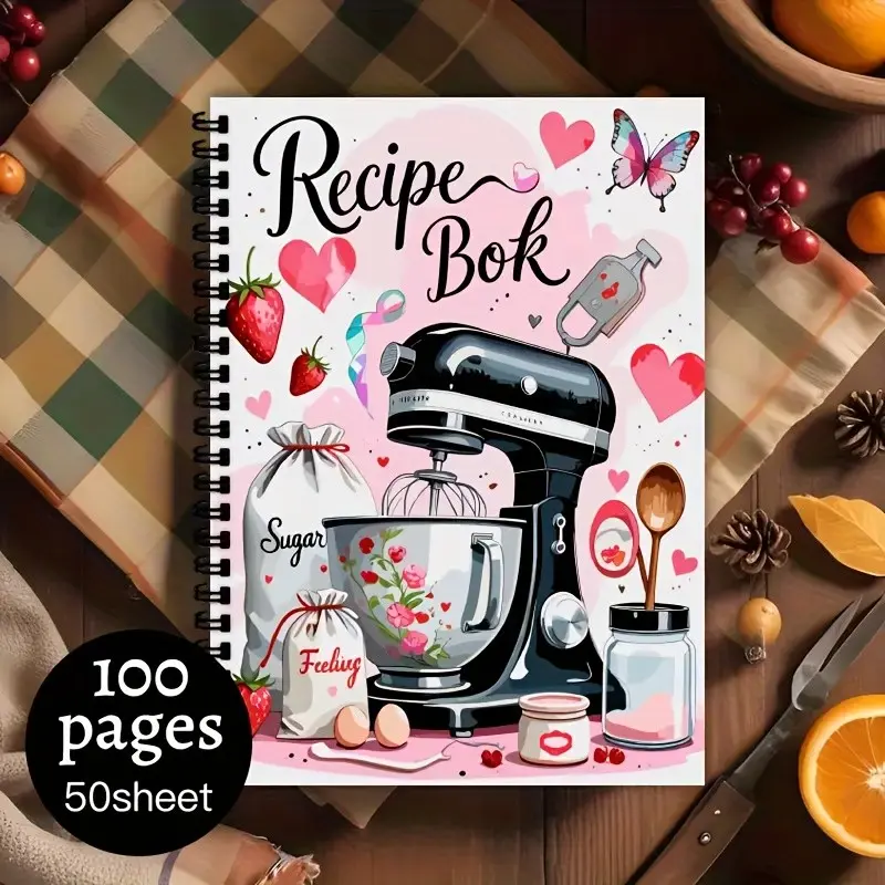 1 recipe book and meal plan book, Spiral bound notepad, Spiral notebook journal, spiral bound, pink kitchen cooking book, home chefs, no date blank pages, diary, recipe diary with pocket inside pages, indexed recipe book, Meal Planner Notebook