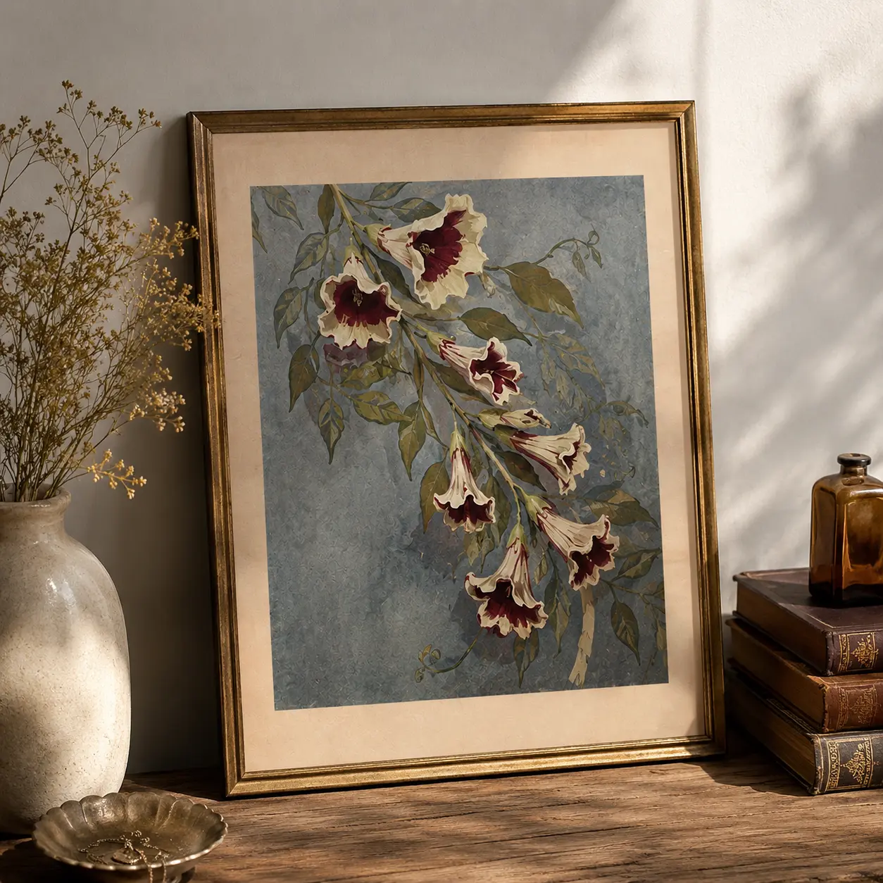 Vintage Trumpet Flower Poster, Botanical Wall Art, Moody Floral Print, Cottagecore Garden Decor, Romantic Nature Artwork