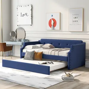 Twin Size Upholstered Daybed with Twin Size Trundle, Wood Slat Support,Twin Upholstered Bed Frame Sofa Bed
