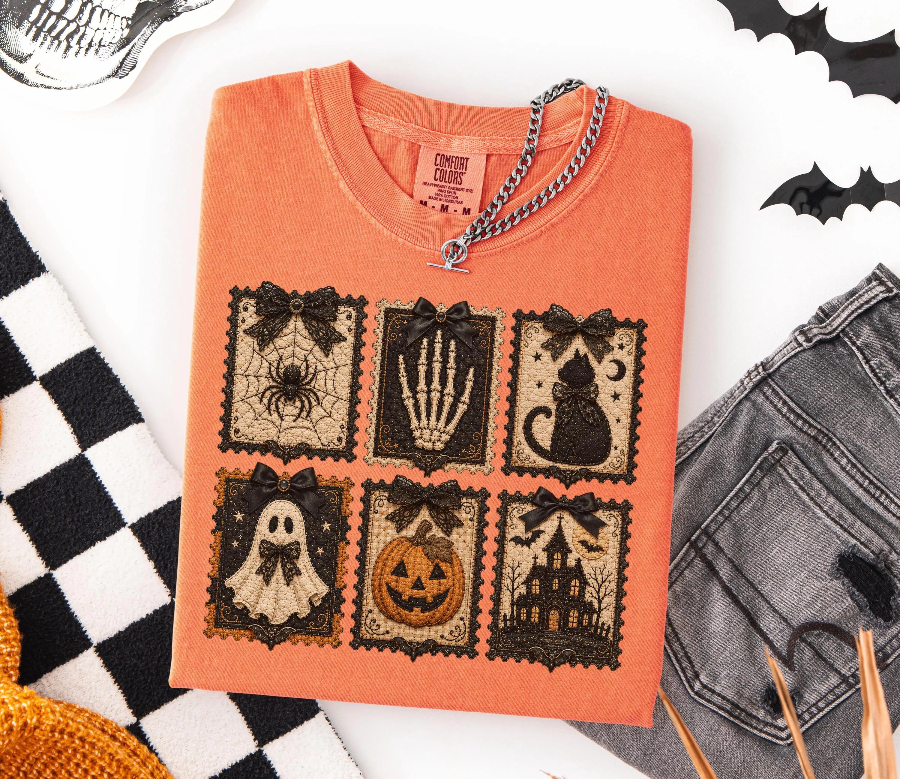Comfort Colors Vintage Halloween T-Shirt – Quilted Patchwork Graphic With Spider Skeleton Hand Black Cat Ghost Jack O Lantern And Haunted House, Spooky Season Tee For Women, Halloween Party Outfit, October Gift For Horror Lovers And Witchy Friends