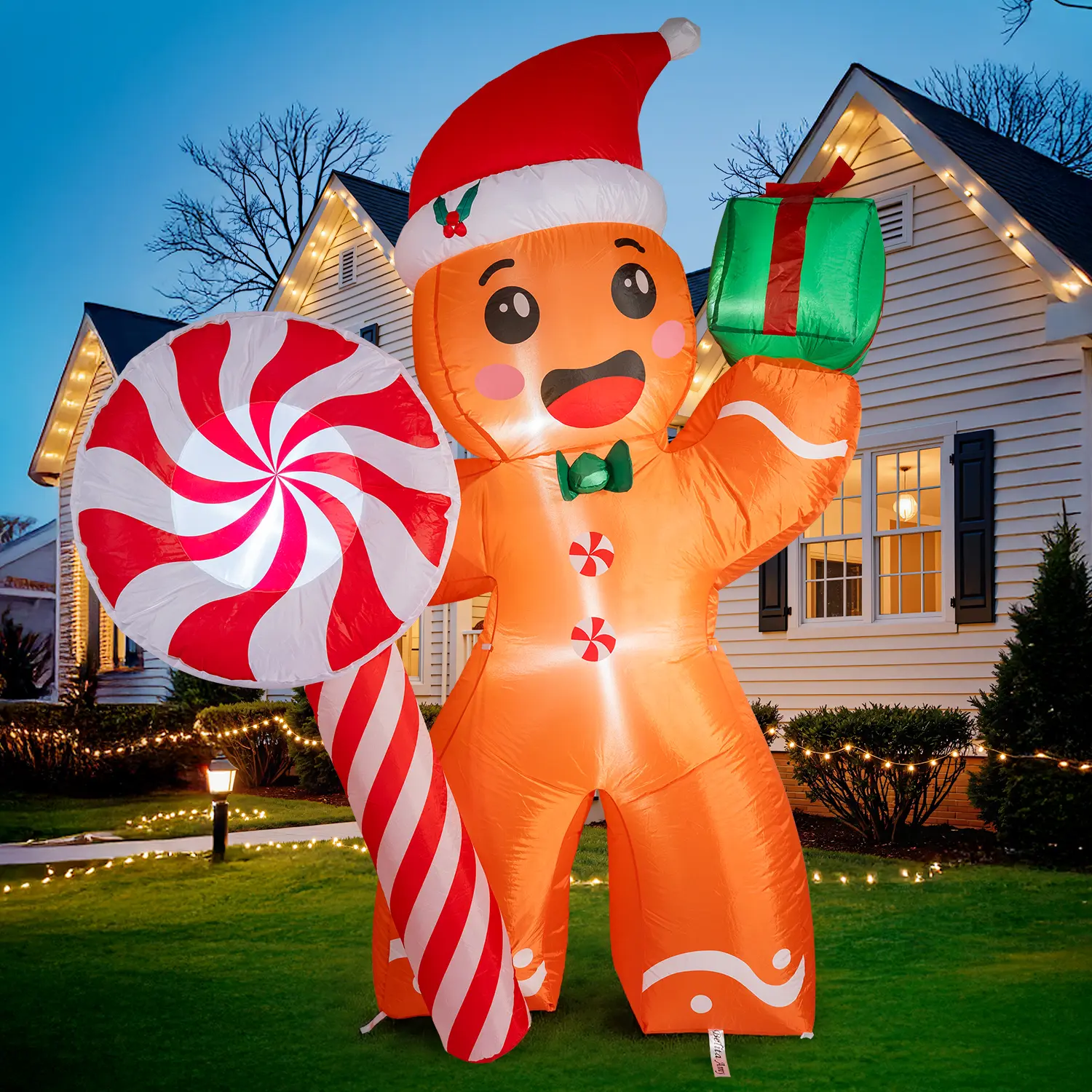 7ft Giant Inflatable Gingerbread Man Christmas Decor - Built-In LED Lights, Freestanding Sturdy Base, Durable Plastic Construction, Candy Cane & Lollipop Accents, Easy-Install Festive Piece for Garden, Indoor/Outdoor Home Use (Includes Can)