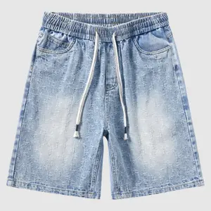 Men's Cotton Y2K Textured Drawstring Denim Shorts, Retro Light Blue Washed Baggy Fit Jean Shorts with Elastic Waist & Jacquard Pattern, Casual Streetwear Jorts for Men