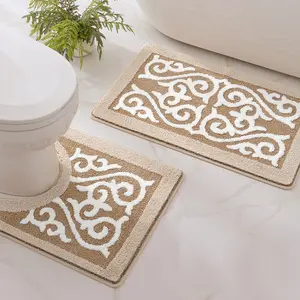 LUMI U-Shaped Toilet Mat Set 2PCS Absorbent Stain-Resistant Non-Slip Quick-Drying Khaki Color for Bathrooms Contour Bath Mat Fits Toilet Base Machine Washable Rug