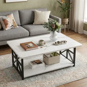 Modern Faux Marble Coffee Table 2 Tier Rectangular Center Table with Storage Shelf, Black Metal Frame Accent Table, Multifunctional Modern Living Room Table Suitable for Home Office Balcony Decor Furniture