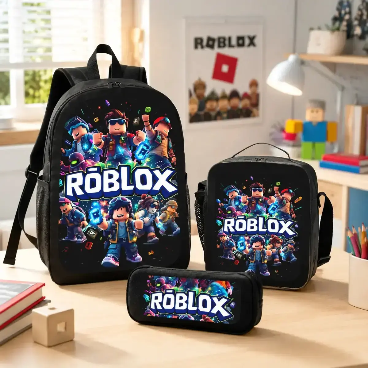 Roblox Print Backpack Set 3 Pieces with Backpack Lunch Box and Pencil Case for Kids School Boys and Girls Lightweight TK Backpack for Teenagers Trendy Tiktok School Bag Stylish Backpack for Teenagers Durable Bookbag for Students