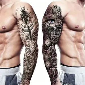 8 Full-Arm Tattoo Stickers: Crown, Lion, Skull, Angel, Wolf, Rose, Clock; Waterproof Tattoo Stickers