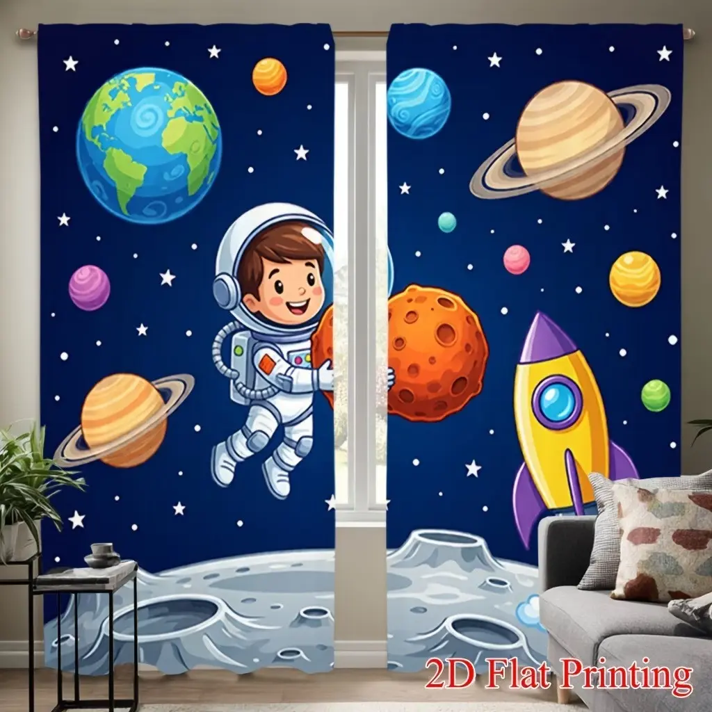 2pcs Astronaut Print Curtains, Soft Light, Privacy Protection, Pocket Rod Installation, Suitable for Living Room, Kitchen, Bedroom, Home Decor, Window Curtains, Home Decorative Curtain