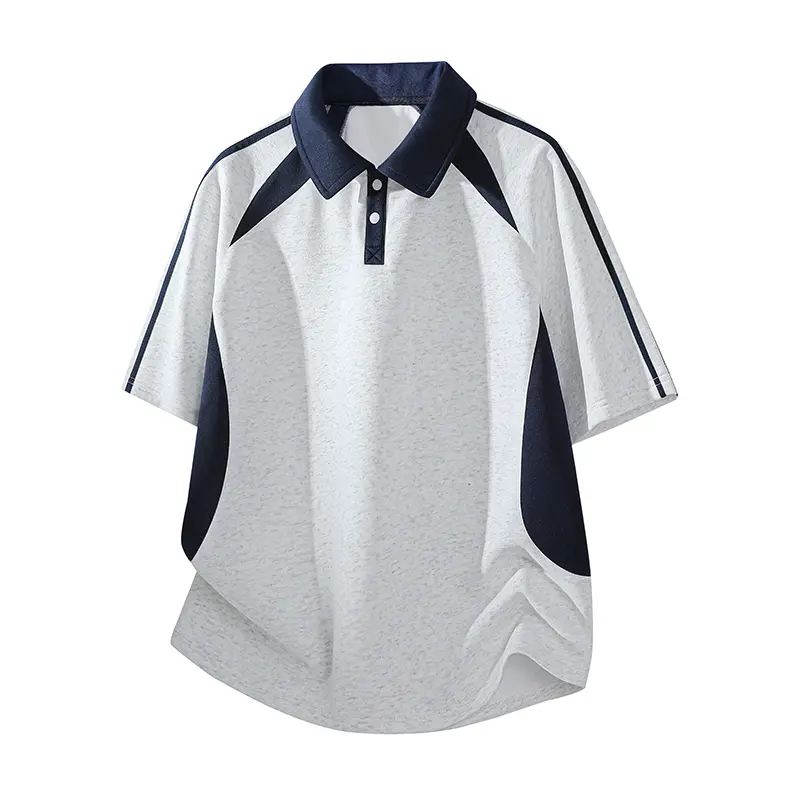 Men's Grey Navy Color Block Raglan Short Sleeve Polo Shirt, Contrast Lapel Collar Two Buttons Placket Side Strip Curved Hem Loose Oversized Soft Athletic Casual Top For Summer Daily Streetwear Outfits#SummerWins