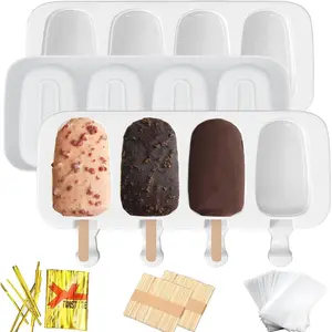 3 count Large  Popsicle Molds Set, 4 Cavities Cake Pop Molds,Oval Ice Cream Bar Mold Ice Pop Cakesicle Molds  with 100 Wooden Sticks & 100 Bags &100 Twist Ties(White)