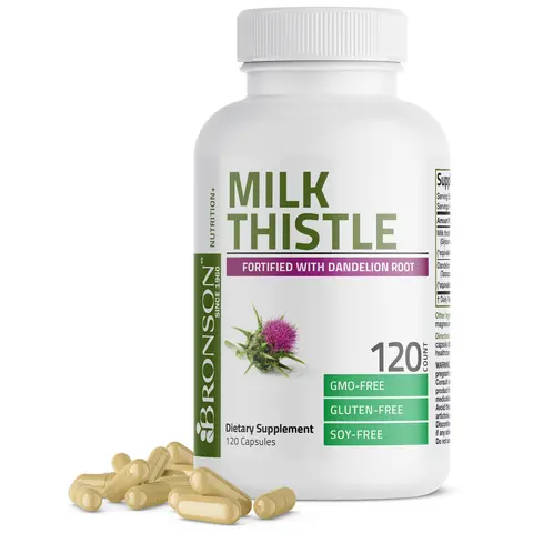 Bronson Milk Thistle Seed Herbal Dietary Supplement - 1000 mg Gluten-Free Capsules, Antioxidant Support for Adults' Digestion, Liver Health & Fortified with Dandelion Root