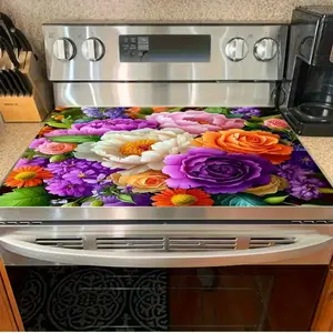 Colorful floral pattern rubber stove protective cover - heat-resistant, anti slip, absorbent, easy to clean, oven mat, refrigerator mat, kitchen stove cover, suitable for surface protection of ovens, washing machines and appliances