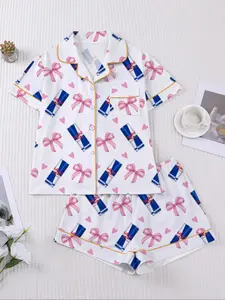 Women Heart Bow Print Pajama Set, Short Sleeve Button Down Shirt with Elastic Waist Shorts, Soft Casual Home Loungewear for Daily Rest