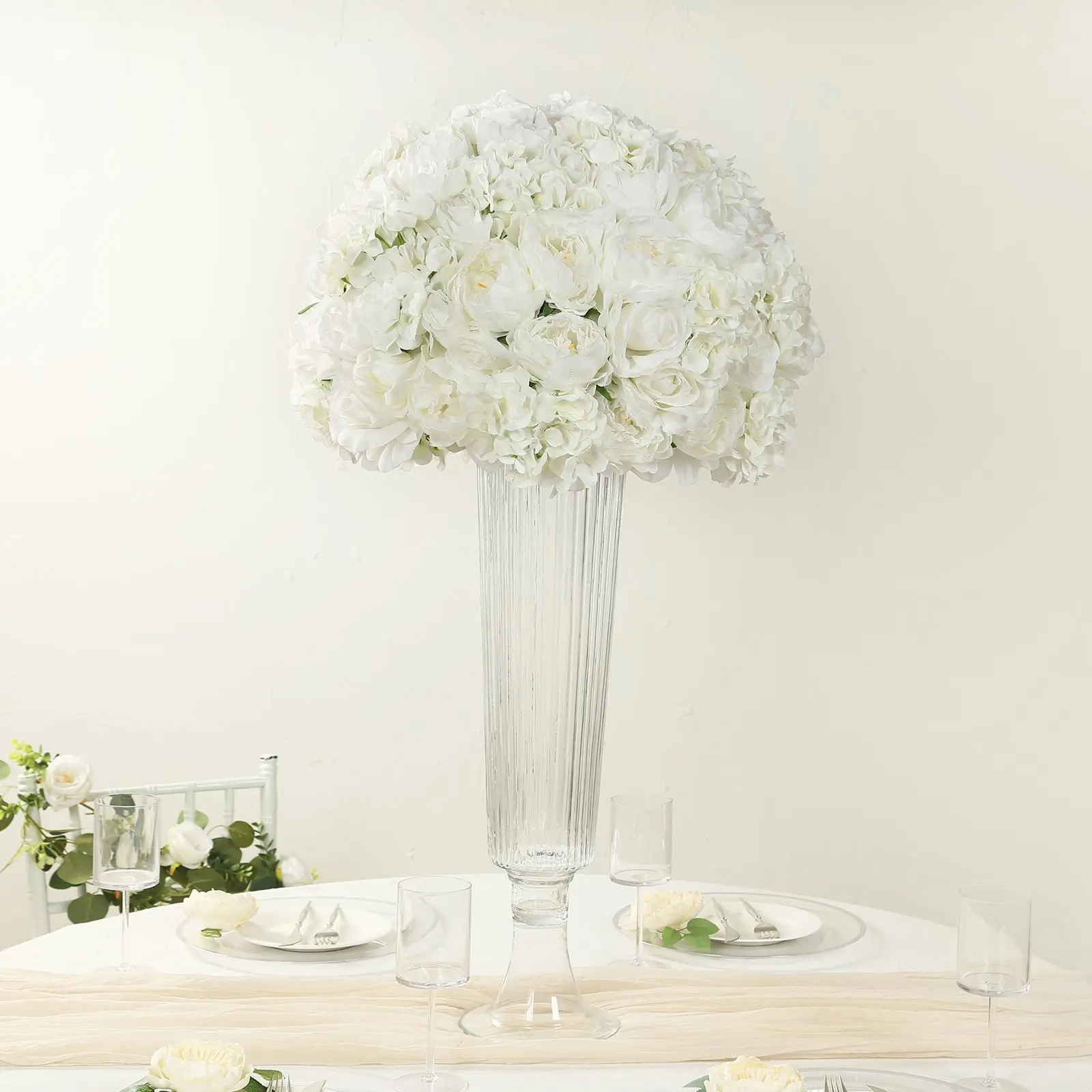 Pre-Arranged Silk Rose Wedding Centerpiece, Ivory Artificial Rose Flower Balls Arrangement Table Decor - 20"