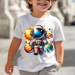 Astronaut Space Station Pattern Printed T-shirt, Boys T-shirt, Summer Spring Autumn Casual Short Sleeve T-shirt