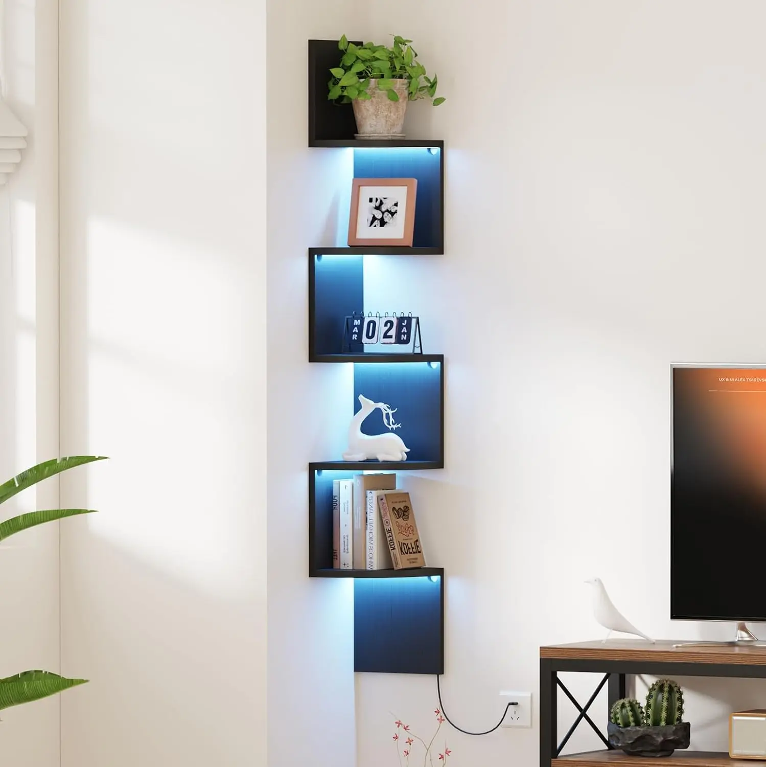 Qupui 5-Tier Corner Shelf with LED, 49" Floating Wall Shelf, Black | RGB 22 Modes 6 Brightness With Remote. L-shaped Staggered Design. Scratch-resistant Laminated Surface. 15-min Assembly