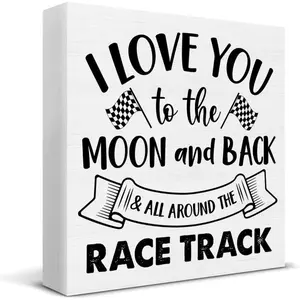 I Love You To the Moon and Back and All Around the Race Track Wood Box Sign Desk Decor Racing Checkered Flags Wood Sign Decoration for Home Boy Bedroom Desk Shelf Table 5 X 5 Inch
